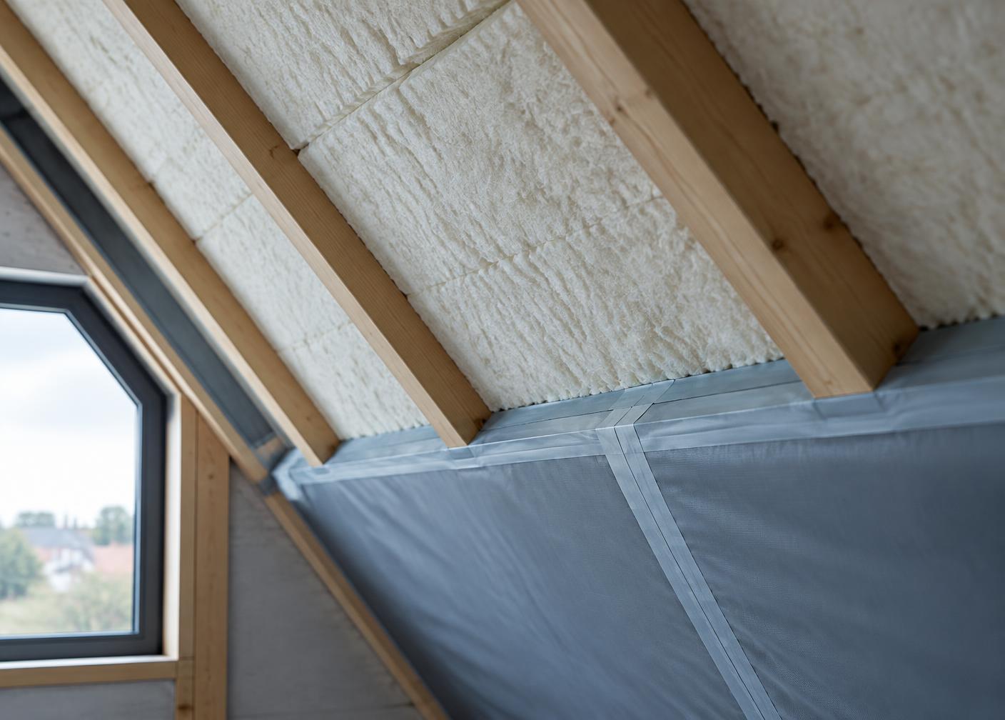 Roof insulation being fitted between timber rafters