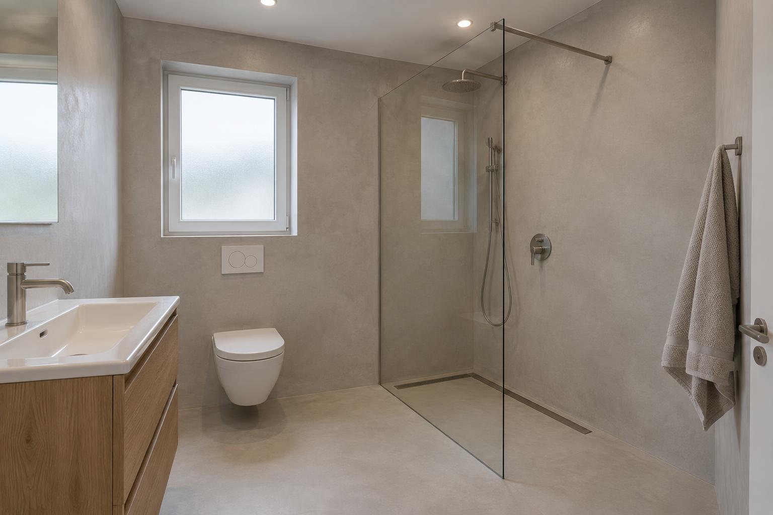 Salle de bains illustrative en Mortex avec douche à l’italienne