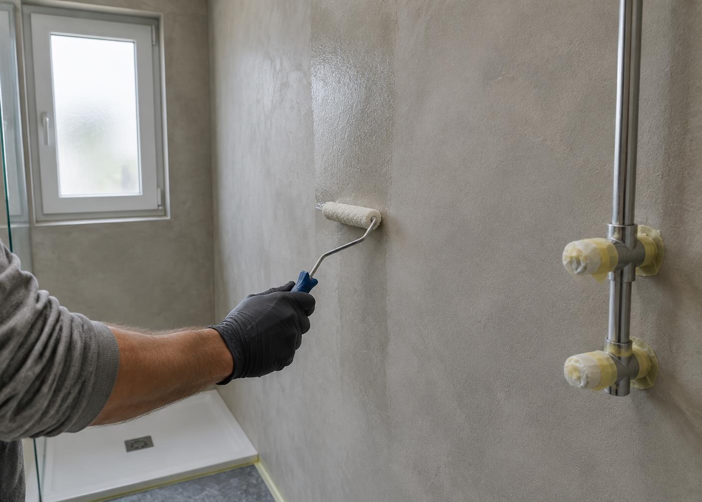 Application au rouleau d’une protection sur un mur en Mortex