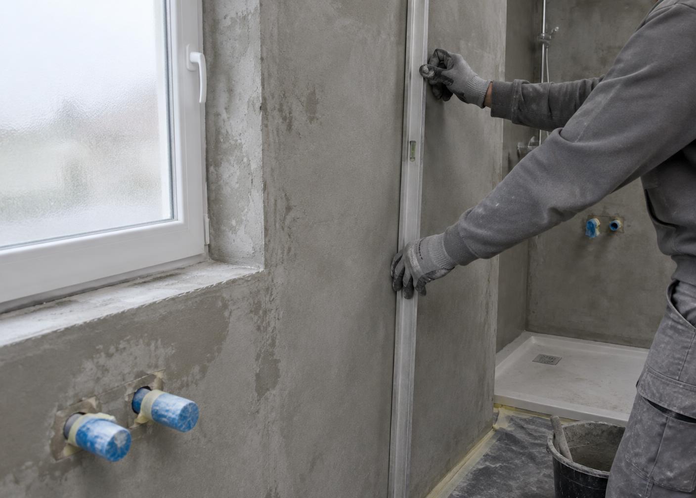 Artisan contrôlant un mur de salle de bains avec une règle en aluminium