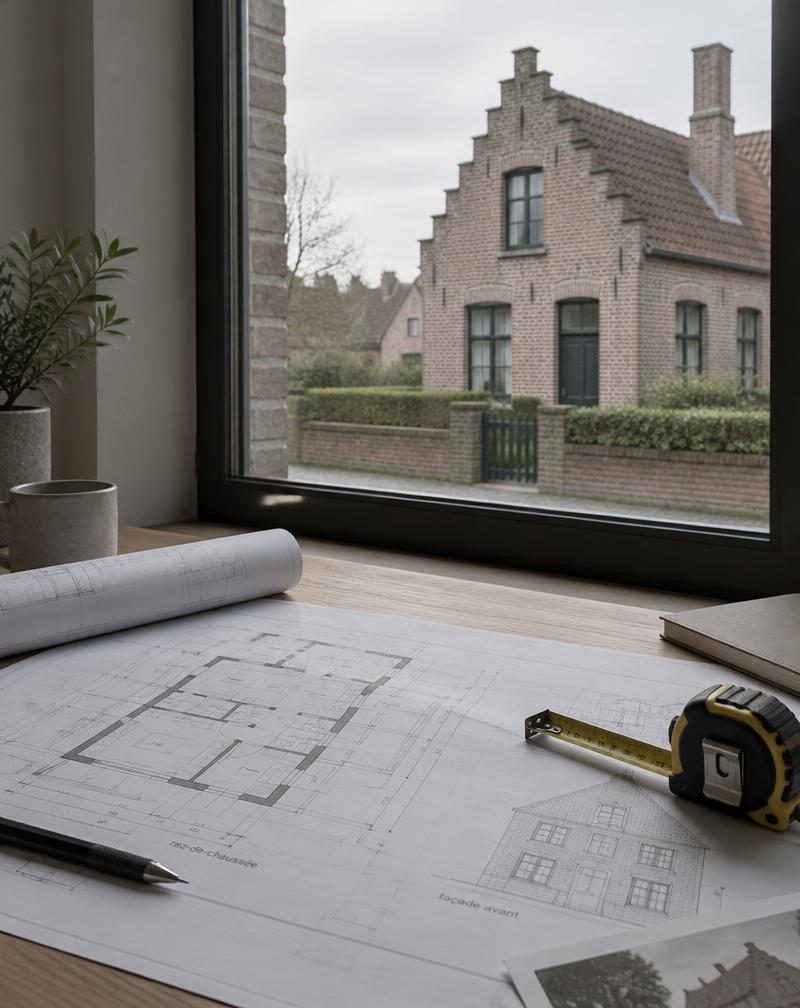 Bouwplannen en meetlint bij een raam